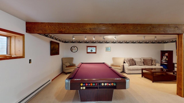 rec room featuring carpet floors, a baseboard radiator, pool table, and beamed ceiling