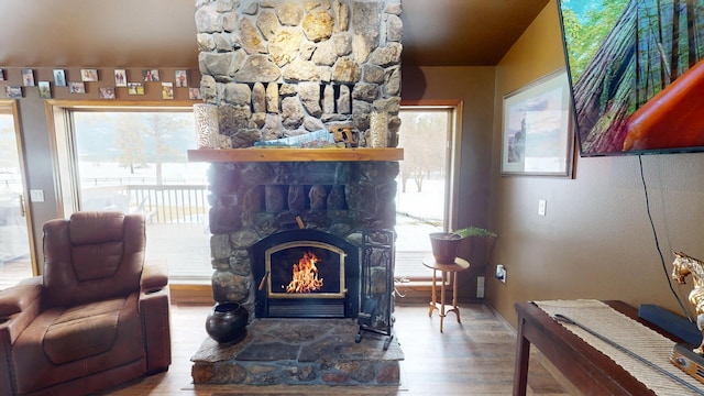 living area with a stone fireplace and wood finished floors