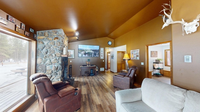 living room featuring vaulted ceiling and wood finished floors