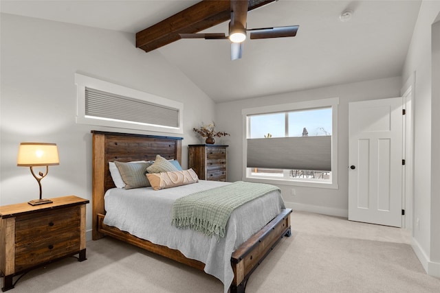 bedroom with light carpet, lofted ceiling with beams, a ceiling fan, and baseboards