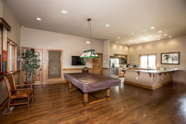 recreation room with pool table, dark wood-type flooring, and recessed lighting