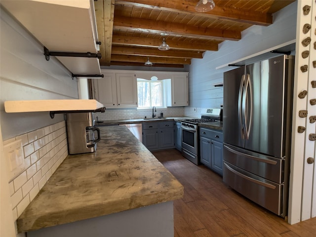 kitchen with stainless steel appliances, wooden ceiling, backsplash, and dark wood finished floors