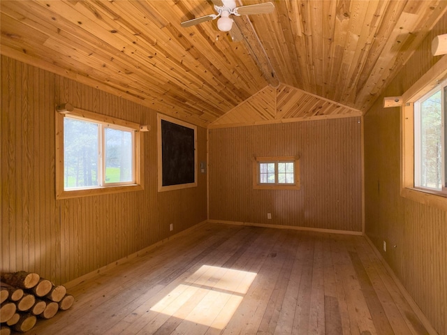 additional living space featuring lofted ceiling, wood ceiling, a ceiling fan, and hardwood / wood-style floors