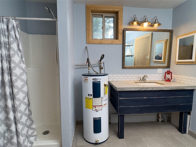 bathroom featuring tasteful backsplash, electric water heater, tile patterned flooring, vanity, and a shower stall