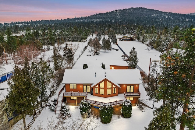 snowy aerial view featuring a mountain view and a view of trees