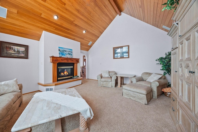 living area featuring carpet floors, wooden ceiling, high vaulted ceiling, and a glass covered fireplace