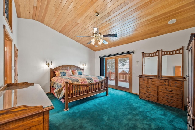 carpeted bedroom featuring vaulted ceiling, wooden ceiling, a ceiling fan, and access to exterior