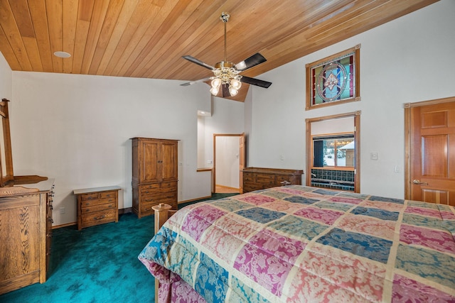 bedroom with carpet floors, a ceiling fan, wood ceiling, high vaulted ceiling, and baseboards