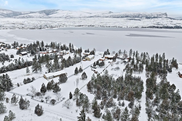 snowy aerial view featuring a water and mountain view