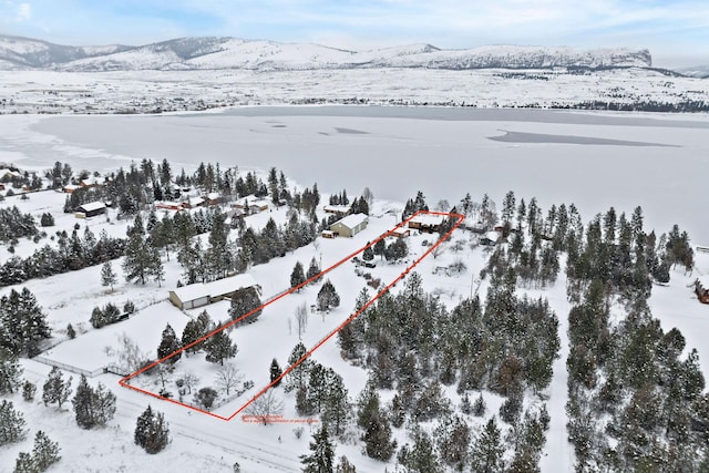 snowy aerial view featuring a mountain view