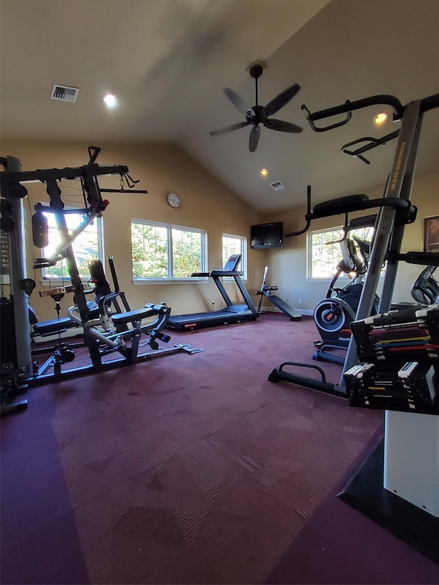 gym with lofted ceiling, a ceiling fan, visible vents, and recessed lighting