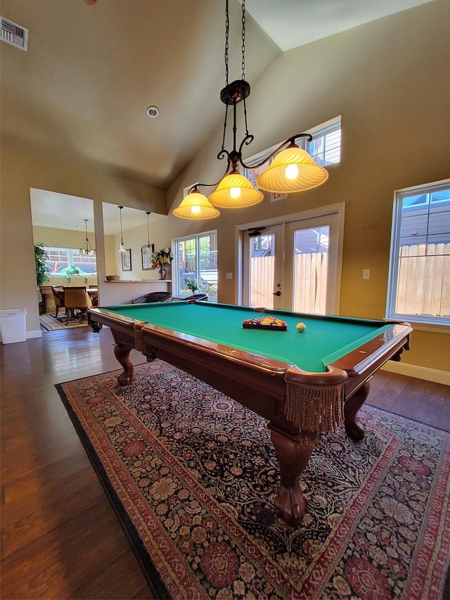 playroom featuring billiards, baseboards, visible vents, wood finished floors, and french doors