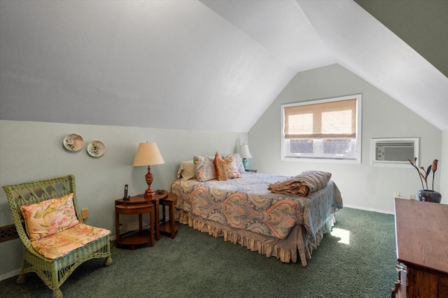 bedroom with a wall mounted air conditioner, carpet flooring, and vaulted ceiling