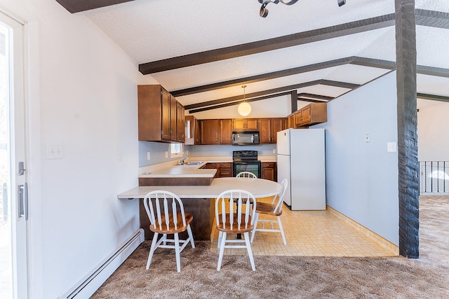 kitchen with lofted ceiling with beams, a baseboard radiator, light countertops, black appliances, and brown cabinetry