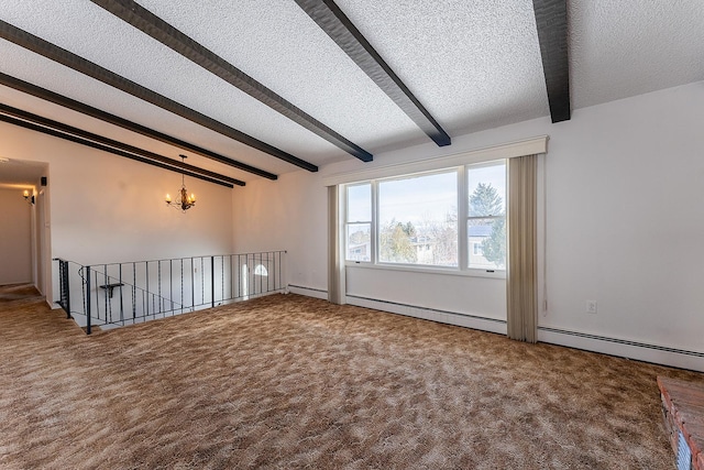 unfurnished room with carpet, a notable chandelier, lofted ceiling with beams, baseboard heating, and a textured ceiling