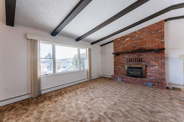 unfurnished living room featuring visible vents, vaulted ceiling with beams, a textured ceiling, carpet flooring, and a fireplace