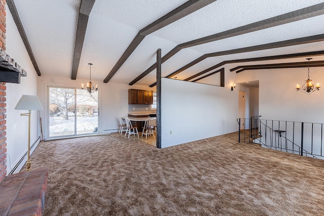 unfurnished living room with lofted ceiling with beams, a chandelier, baseboard heating, and carpet flooring