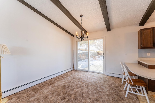 unfurnished dining area with light colored carpet, lofted ceiling with beams, a baseboard radiator, an inviting chandelier, and a textured ceiling