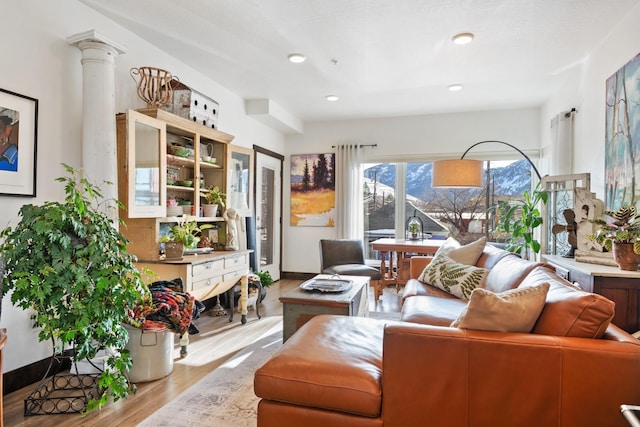 living area with decorative columns, baseboards, and wood finished floors