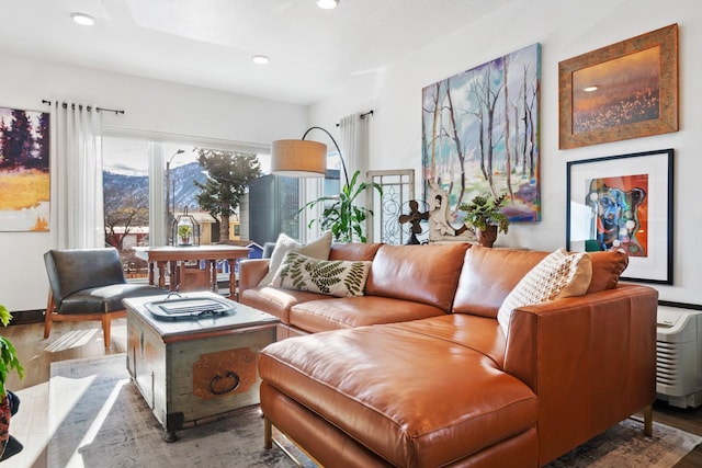 living area featuring wood finished floors and recessed lighting