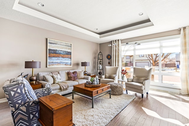 living area featuring a textured ceiling, a raised ceiling, and hardwood / wood-style floors