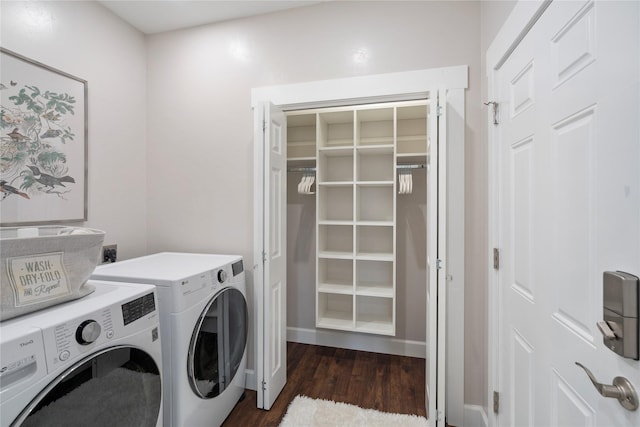 laundry room featuring washer and dryer, laundry area, and dark wood-style flooring