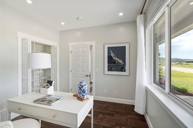 office area featuring baseboards, dark wood-type flooring, and recessed lighting