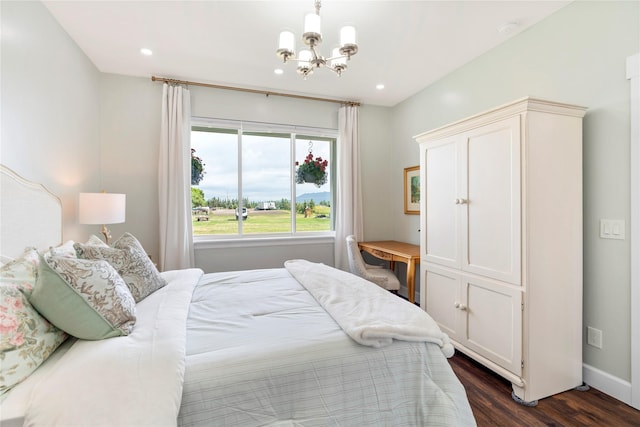 bedroom featuring a chandelier, recessed lighting, dark wood finished floors, and baseboards