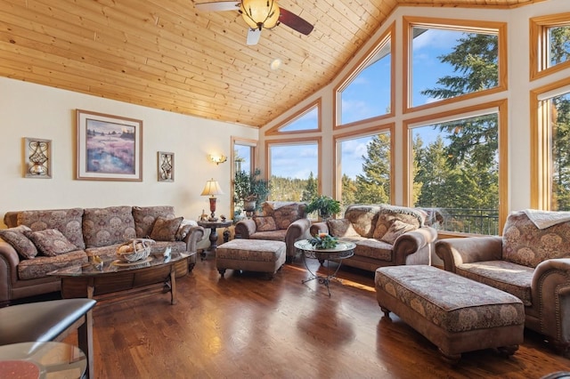 156 Wulff Ln, Lakeside, MT 59922 - living room with high vaulted ceiling, wood ceiling, wood finished floors, and a ceiling fan