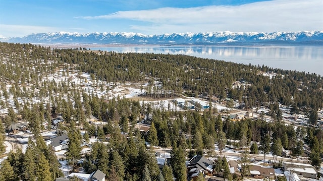 156 Wulff Ln, Lakeside, MT 59922 - snowy aerial view featuring a wooded view and a water and mountain view