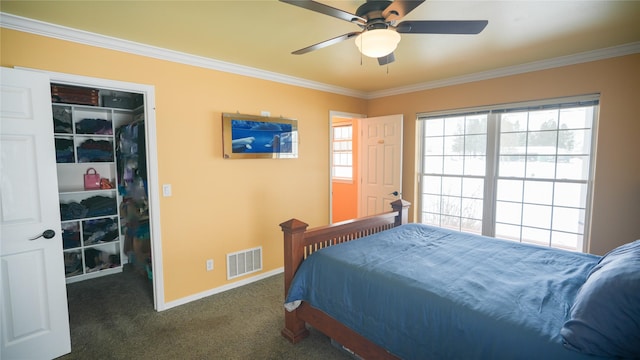 bedroom with carpet floors, a closet, visible vents, a spacious closet, and ornamental molding