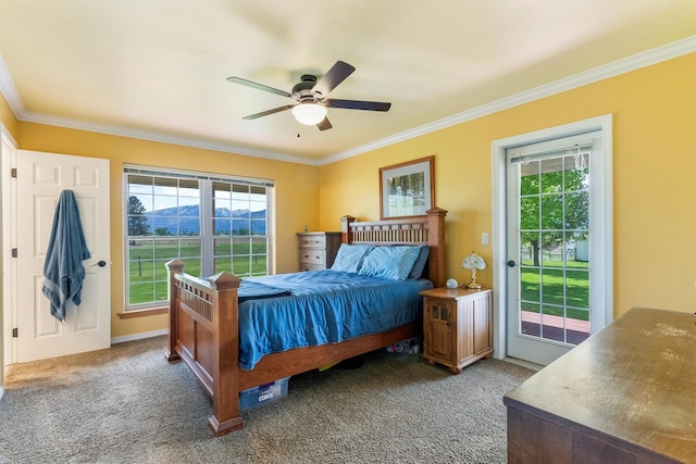 245 Olde Rd, Hamilton, MT 59840 - bedroom with access to exterior, ornamental molding, carpet, and a ceiling fan