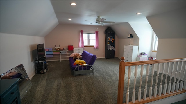 playroom with lofted ceiling, carpet flooring, and recessed lighting