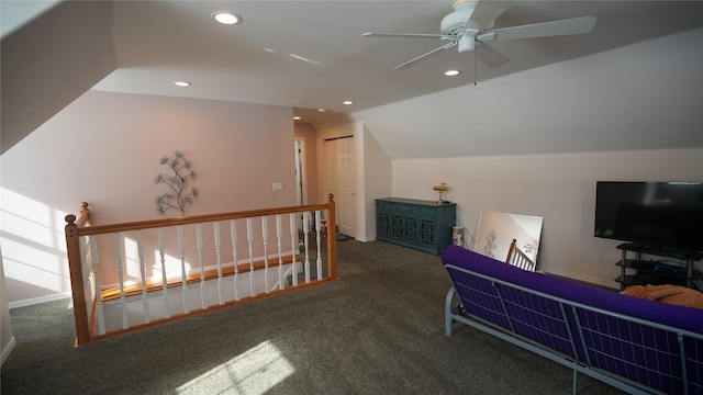 bonus room featuring a ceiling fan, recessed lighting, vaulted ceiling, and carpet