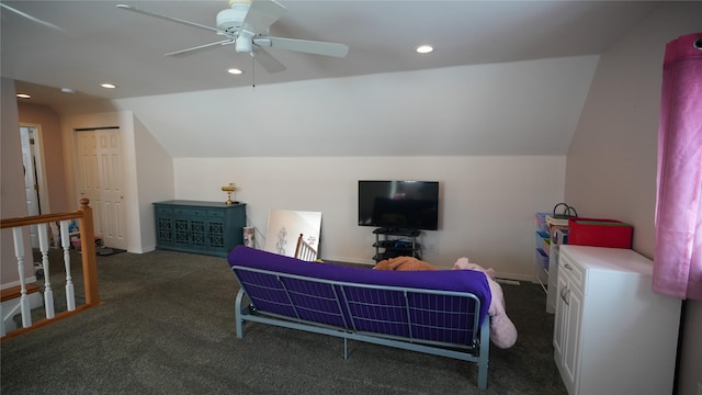 bedroom featuring vaulted ceiling, ceiling fan, carpet flooring, and recessed lighting