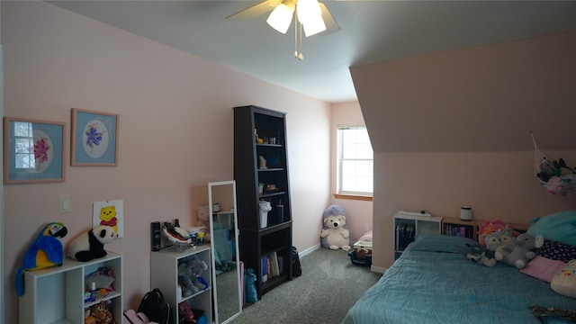 bedroom featuring ceiling fan, baseboards, and carpet flooring