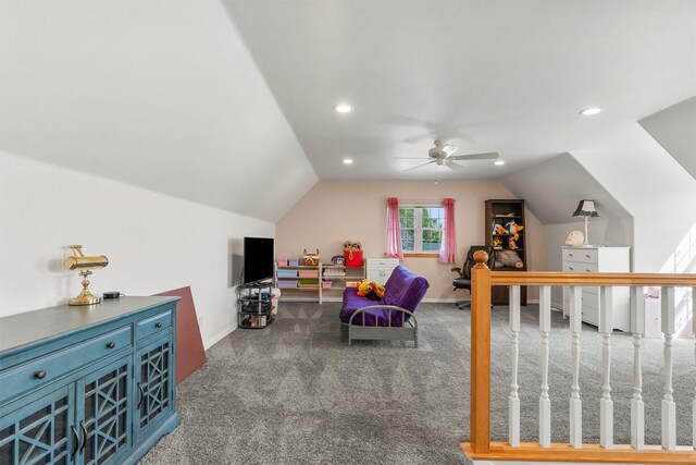 245 Olde Rd, Hamilton, MT 59840 - interior space featuring vaulted ceiling, carpet flooring, a ceiling fan, recessed lighting, and baseboards