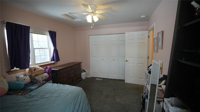 bedroom featuring a closet, carpet flooring, and ceiling fan