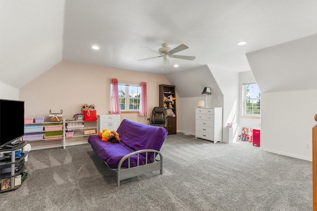 245 Olde Rd, Hamilton, MT 59840 - sitting room featuring lofted ceiling, carpet, a ceiling fan, and recessed lighting