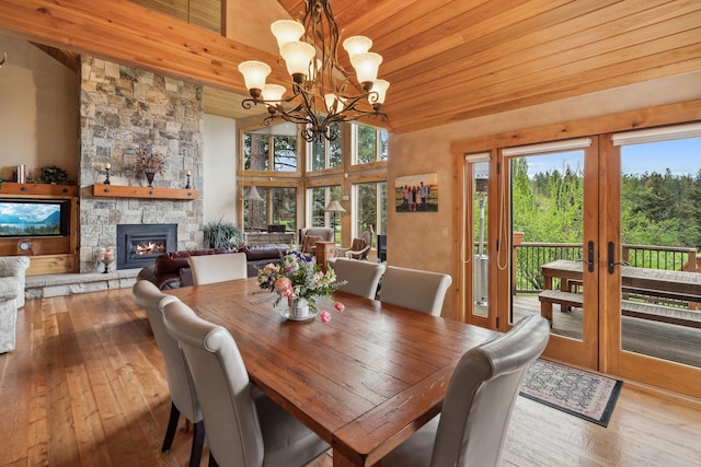 99 Golf Ter, Bigfork, MT 59911 - dining room with a chandelier, hardwood / wood-style flooring, french doors, a fireplace, and wood ceiling