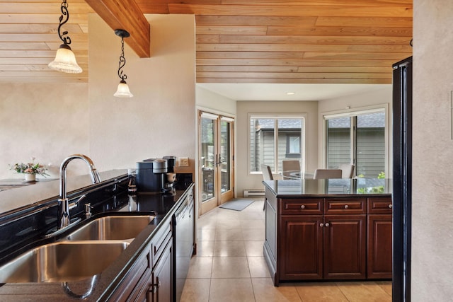 99 Golf Ter, Bigfork, MT 59911 - kitchen with a sink, wooden ceiling, a baseboard heating unit, dishwasher, and hanging light fixtures