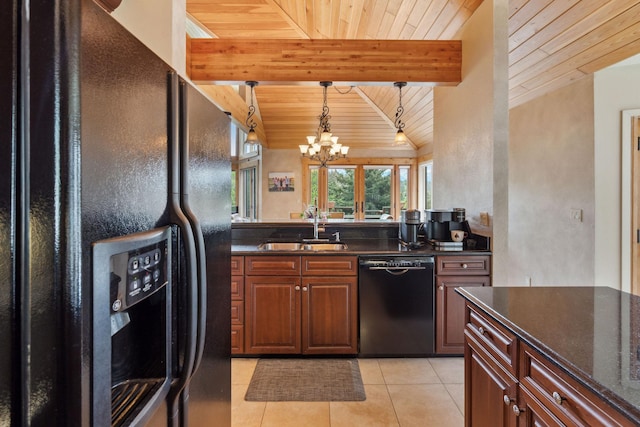 99 Golf Ter, Bigfork, MT 59911 - kitchen featuring black appliances, wood ceiling, a chandelier, a sink, and light tile patterned floors