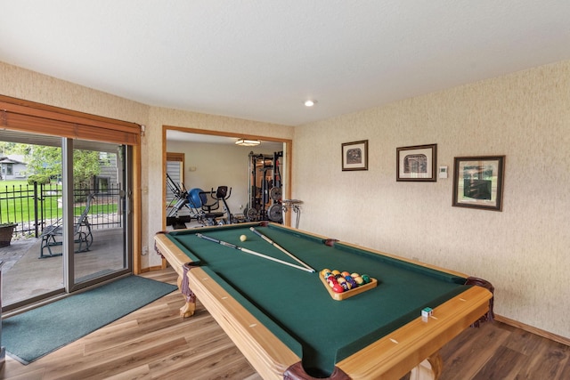 99 Golf Ter, Bigfork, MT 59911 - rec room with wallpapered walls, wood finished floors, billiards table, and baseboards
