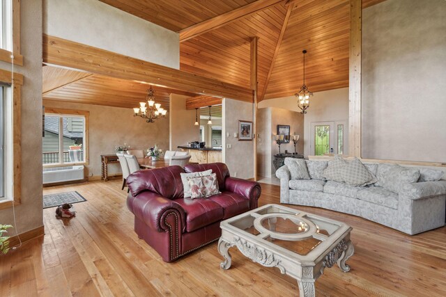 99 Golf Ter, Bigfork, MT 59911 - living area with a chandelier, wooden ceiling, hardwood / wood-style floors, high vaulted ceiling, and beam ceiling