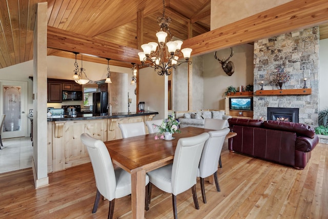 99 Golf Ter, Bigfork, MT 59911 - dining space with wood ceiling, a chandelier, light wood-type flooring, and a fireplace