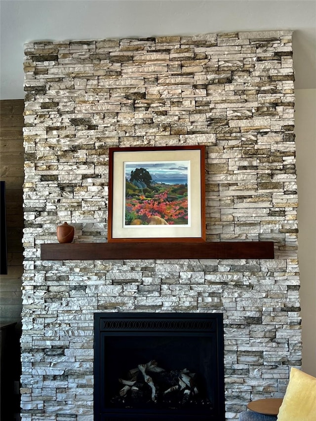 details featuring a stone fireplace