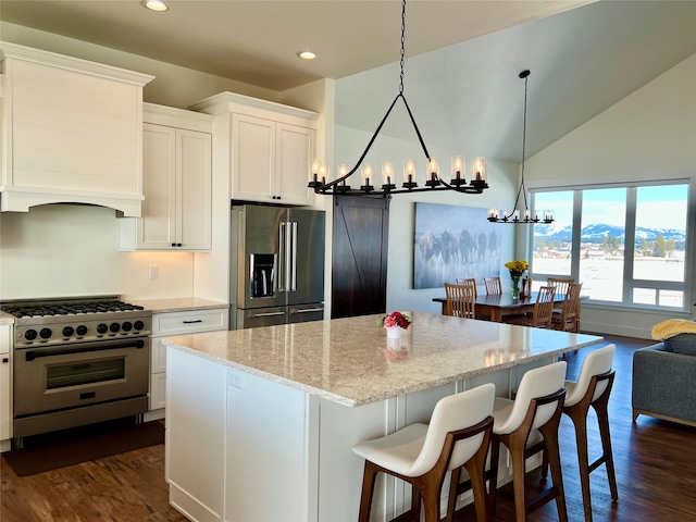 kitchen with premium appliances, dark wood-style flooring, a kitchen island, and light stone counters