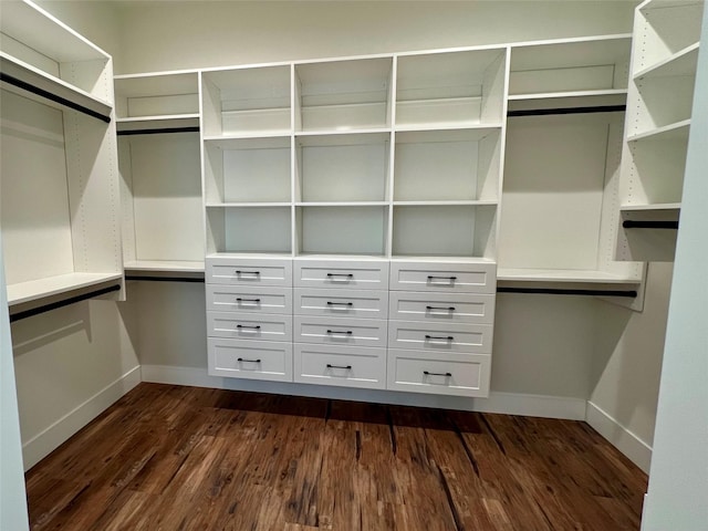 spacious closet with dark wood-style flooring