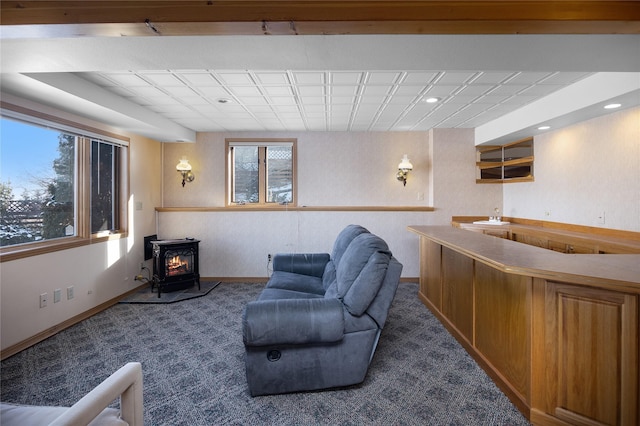 interior space with a wood stove, baseboards, and indoor wet bar