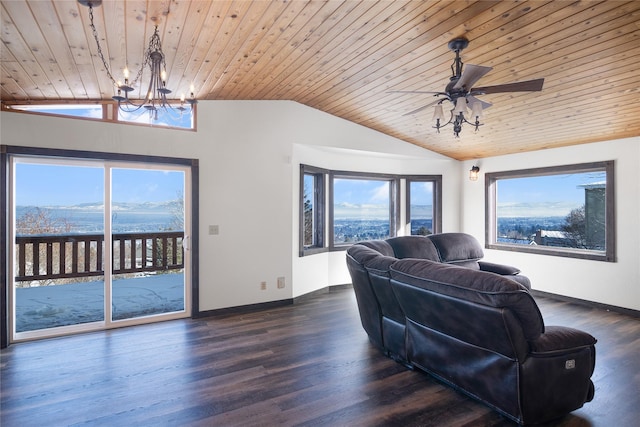 unfurnished living room featuring lofted ceiling, wood ceiling, baseboards, and wood finished floors